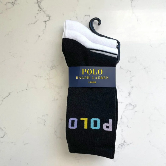 Polo Ralph Lauren 3 Pairs Polyester Spdex Socks Blk Wht Multi Color Logo OS NWT - Picture 1 of 7
